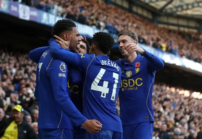 Morgan Rogers of Chelsea celebrates scoring his team’s first goal with teammates during the Premier League 2026/27 match between Chelsea FC and Manchester United