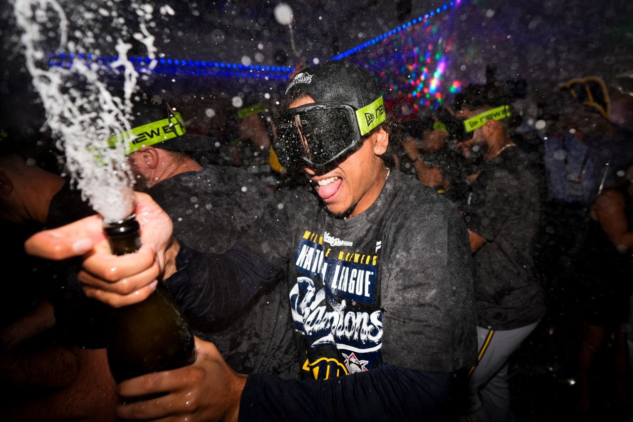 The Milwaukee Brewers celebrate after sweeping the Los Angeles Dodgers to win the National League Championship Series.