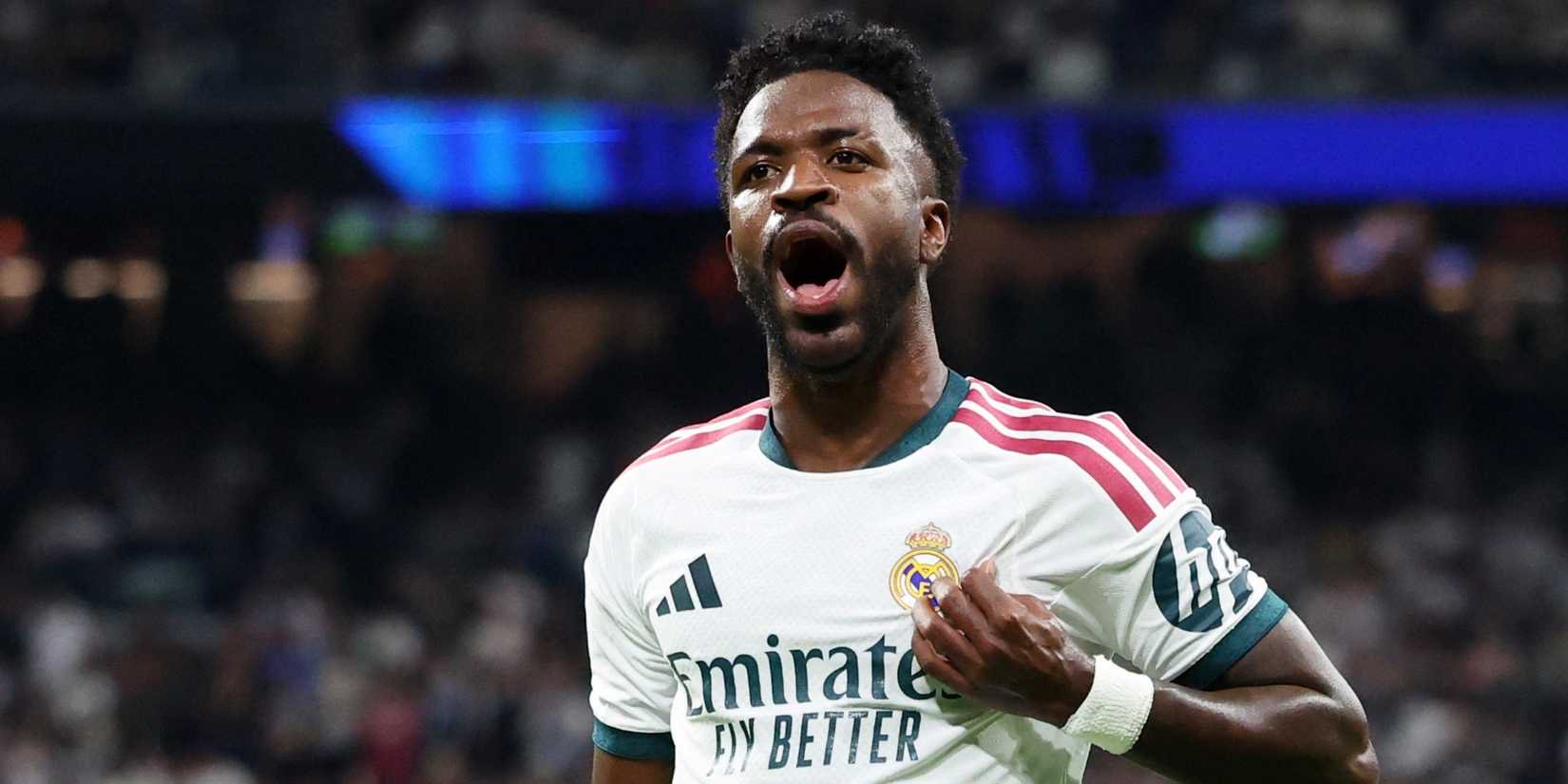 Real Madrid's Vinicius Junior celebrates scoring a goal that was later disallowed