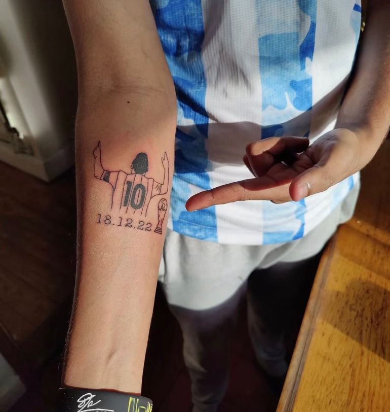 Sagar Shinde, an ardent fan of Argentina, got Messi’s 2022 FIFA World Cup-winning moment tattooed on his forearm [Courtesy of Sagar Shinde]