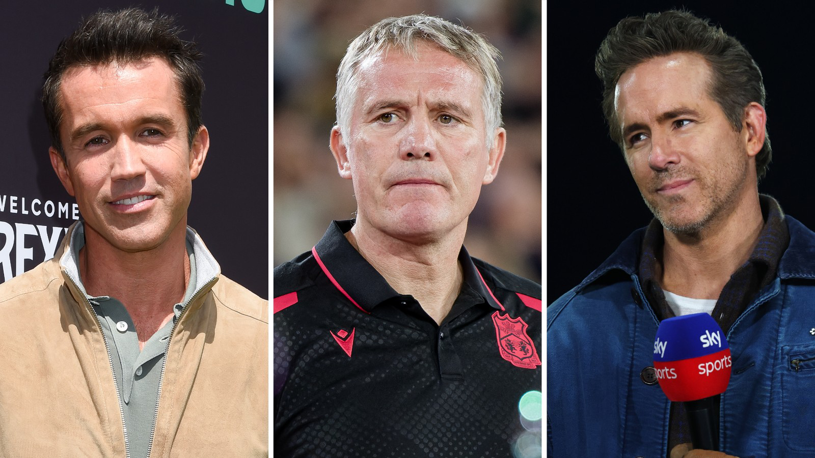 Wrexham co-owner Rob Mac (left), manager Phil Parkinson (centre) and co-owner Ryan Reynolds (right)