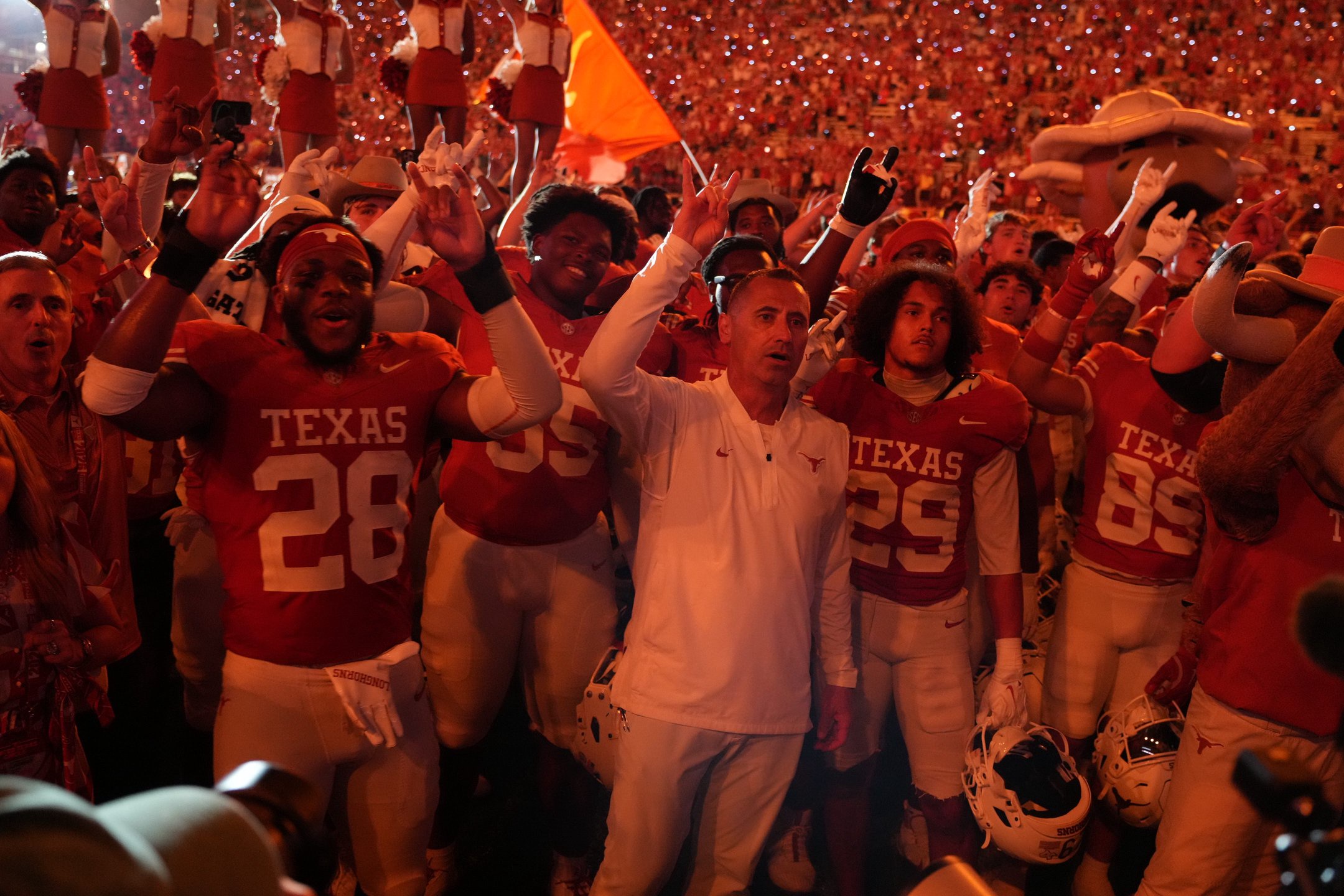 Oct 24, 2026; Austin, Texas, USA;  Texas Longhorns head coach Steve Sarkisian celebrates with fans and players after the game against the Mississippi Rebels at Darrell K Royal-Texas Memorial Stadium.  Mandatory Credit: Scott Wachter-Imagn Images