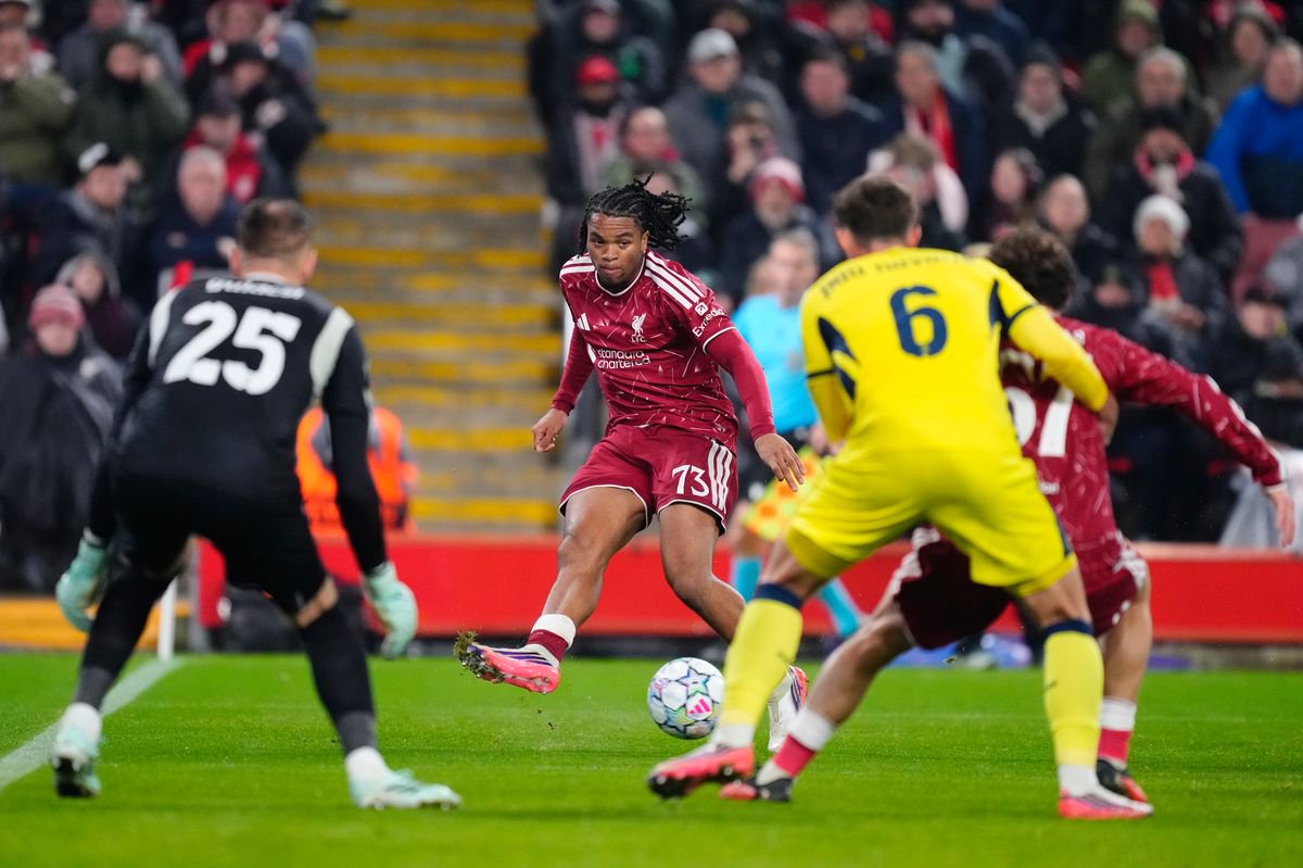 Rio Ngumoha left winger of Liverpool and England does passed during the UEFA Champions League 2026/27 League Phase MD3 match between Liverpool FC and Villarreal CF