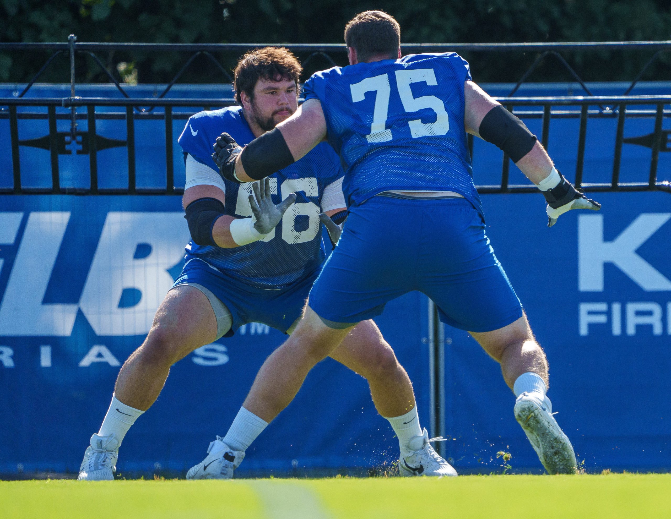 Indianapolis Colts guards Quenton Nelson (56) and Will Fries (75) work on blocking Monday, July 31, 2023, during training camp