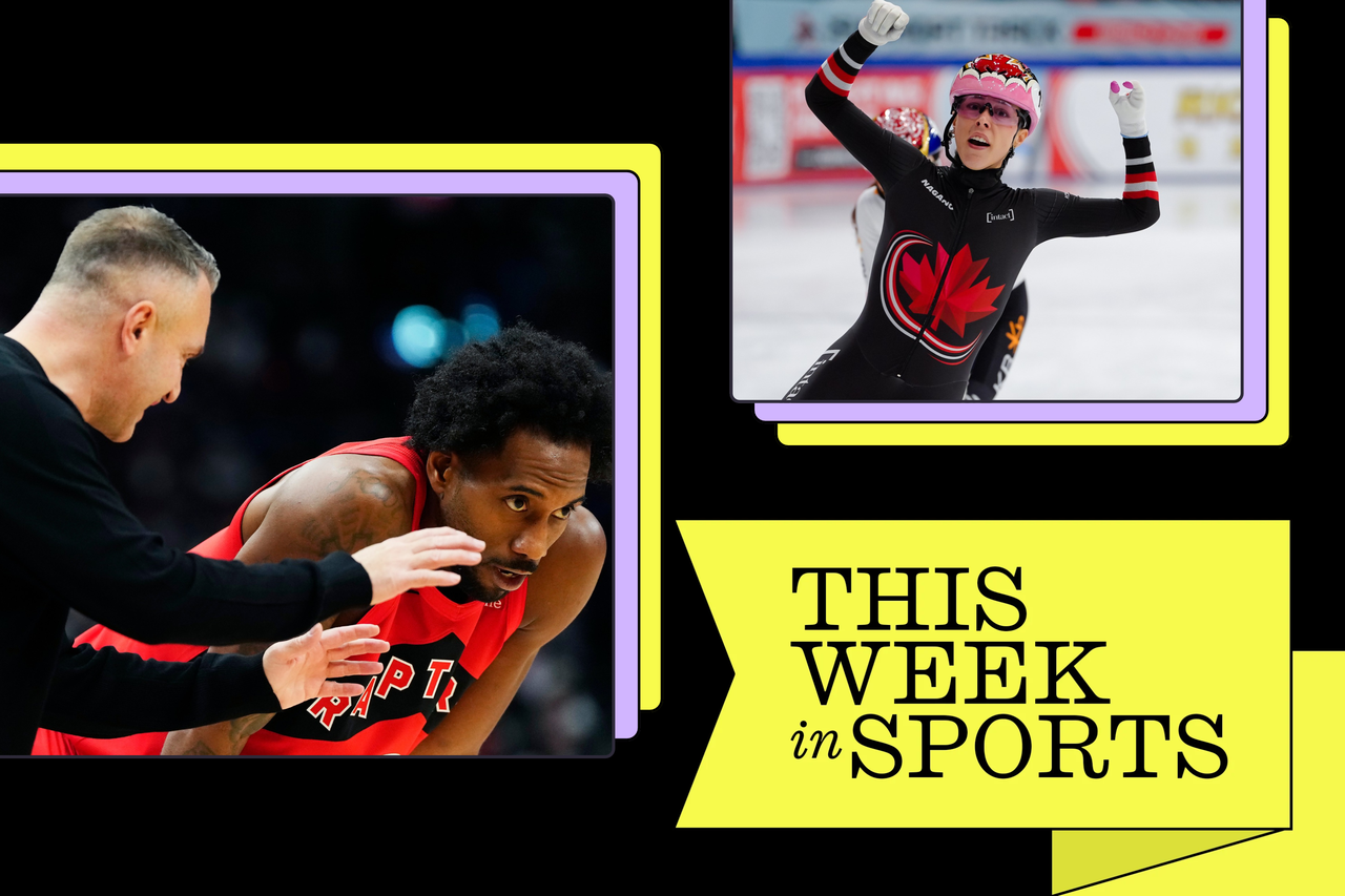 Collage featuring Darko Rajakovic, Kawhi Leonard and Florence Brunelle, mixed with "This Week in Sports' graphics