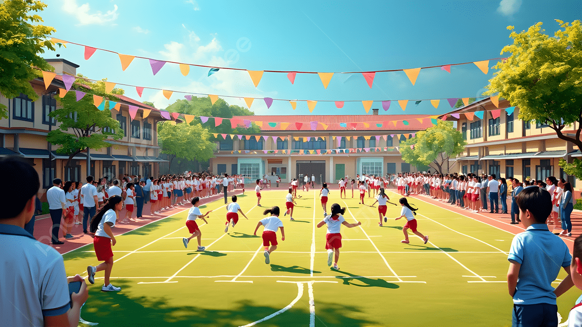 Vibrant school sports day celebration with students and activities