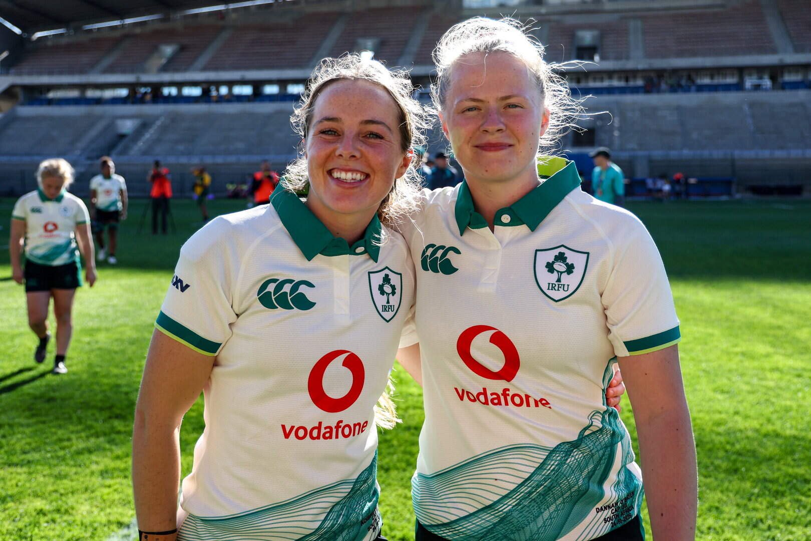 Aoibheann Reilly, left, and Dannah O'Brien of Ireland celebrate last week’s victory over South Africa at Athlone Stadium in Cape Town, South Africa