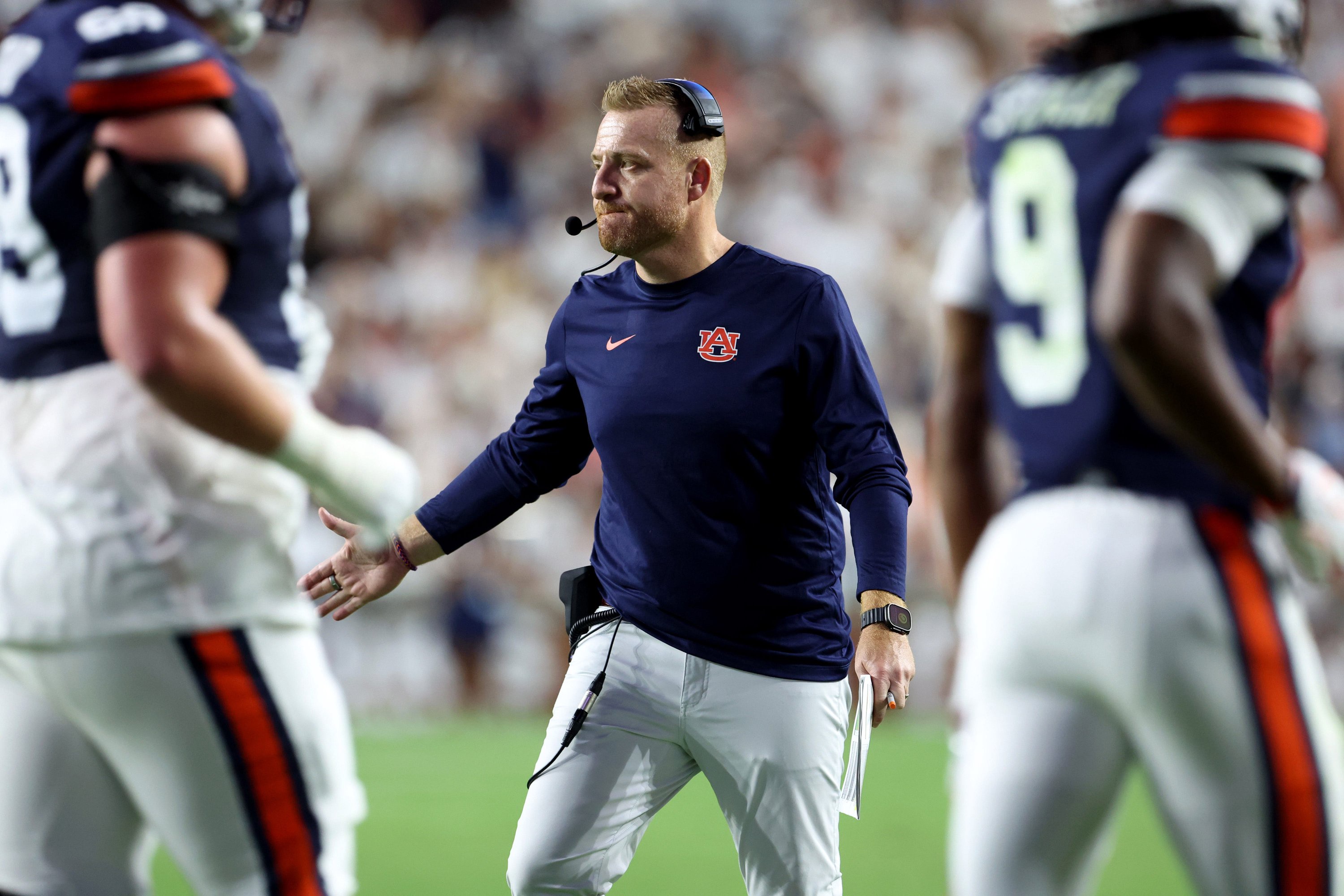 Sep 12, 2026; Auburn, Alabama, USA;  Auburn Tigers head coach Alex Golesh celebrates with his players after the Tigers scored a touchdown against the Southern Mississippi Golden Eagles during the second quarter at Jordan-Hare Stadium.  Mandatory Credit: John Reed-Imagn Images