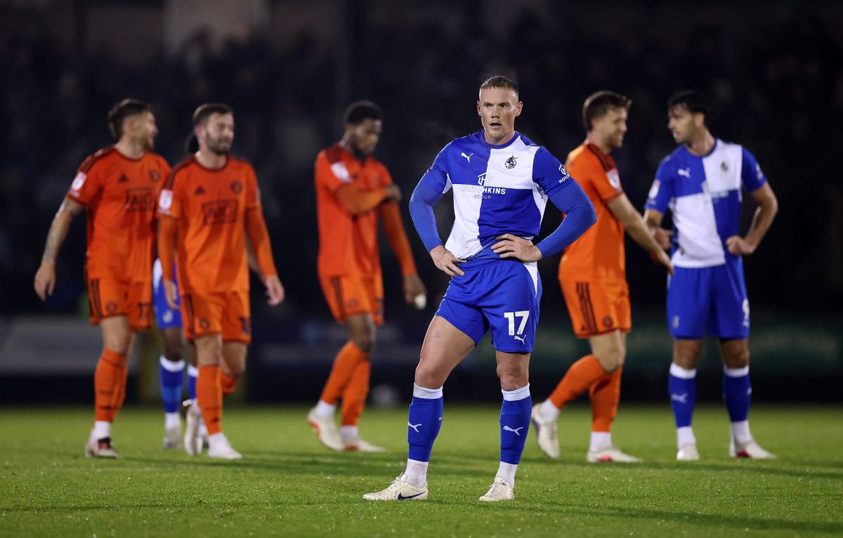 BRISTOL, ENGLAND - OCTOBER 20: Ciaran Kelly of Bristol Rovers stands dejected at the final whistle during the Sky Bet League Two 2026/27 match between Bristol Rovers and Salford City at The Memorial Stadium on October 20, 2026 in Bristol, England. (Photo by Dan Mullan/Getty Images)