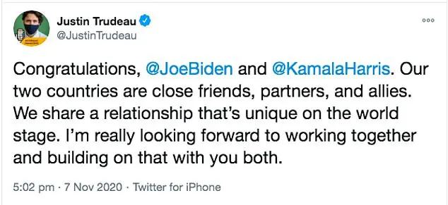 The Canadian Prime Minister congratulated Biden after the Democratic nominee became president-elect earlier today