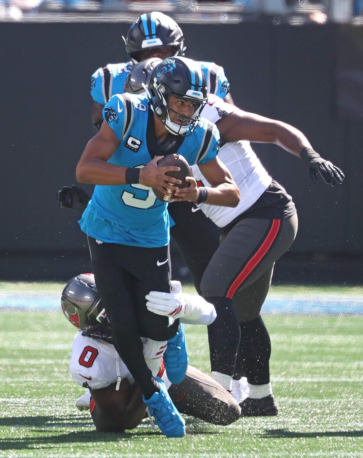 Carolina Panthers quarterback Bryce Young is sacked by Tampa Bay Buccaneers linebacker Yaya Diaby during action at Bank of America Stadium in Charlotte, NC on Sunday, October 25, 2026.