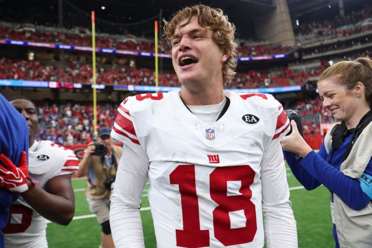 Oct 25, 2026; Houston, Texas, USA; New York Giants quarterback J.J. McCarthy (18) smiles after the game against the Houston Texans at Reliant Stadium. © Troy Taormina-Imagn Images
