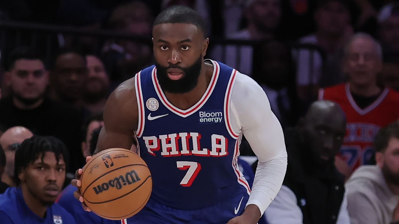 Oct 20, 2026; New York, New York, USA; Philadelphia 76ers guard Jaylen Brown (7) controls the ball against the New York Knicks during the fourth quarter at Madison Square Garden. Mandatory Credit: Brad Penner-Imagn Images