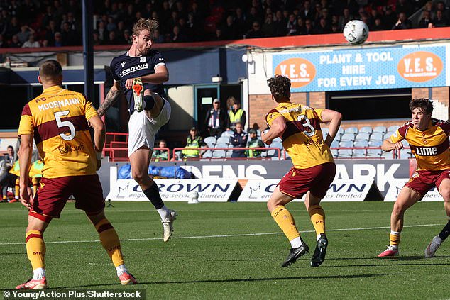 Bradley Fink scores in Dundee's victory over Motherwell in the Premiership last month