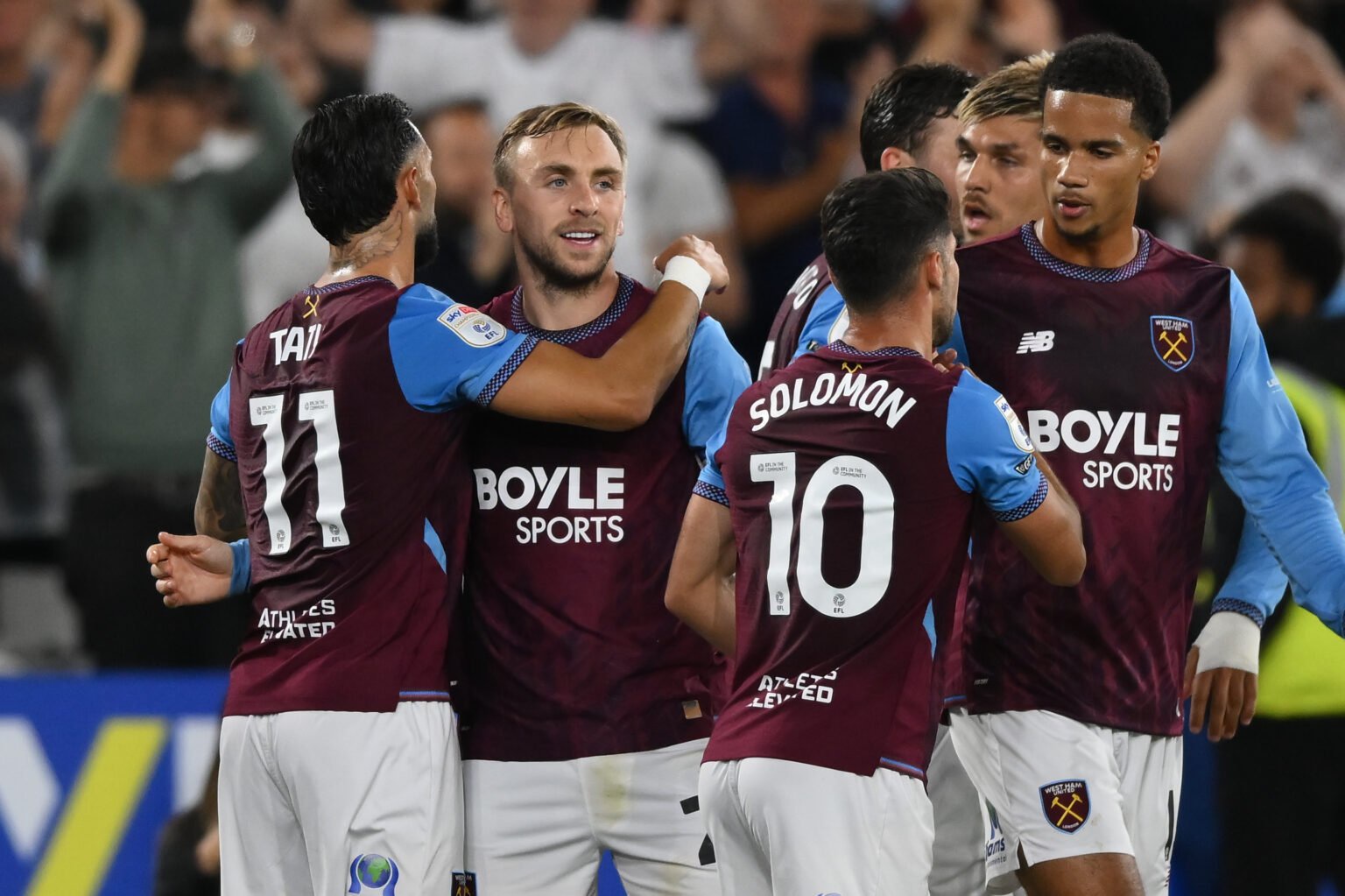 Jarrod Bowen of West Ham United celebrates with teammates - West Ham United v Wrexham - Sky Bet Championship 2026/27