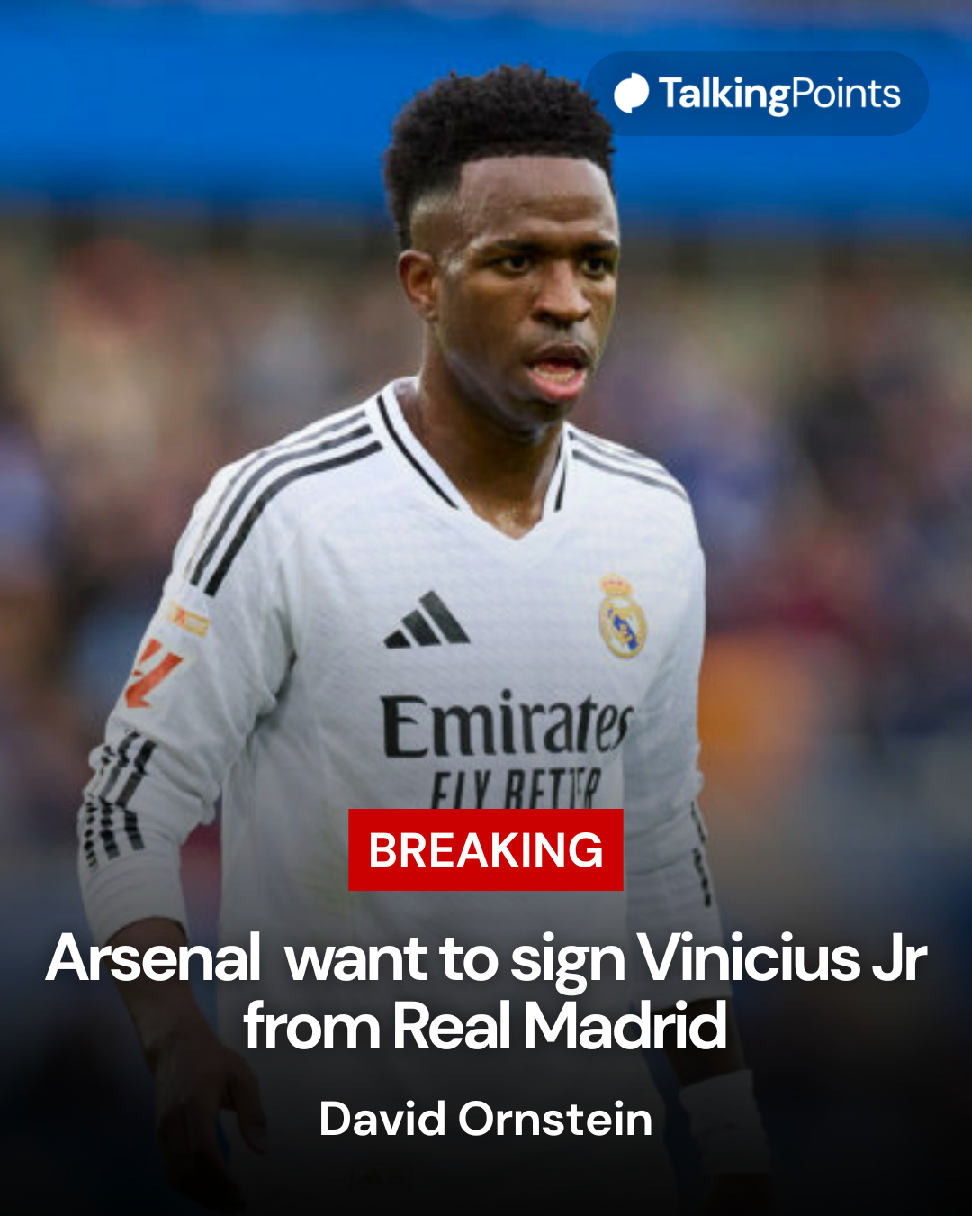 Vinicius Jr in action for Real Madrid, overlaid a link to Arsenal