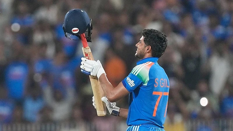 Shubman Gill celebrates after scoring a double century