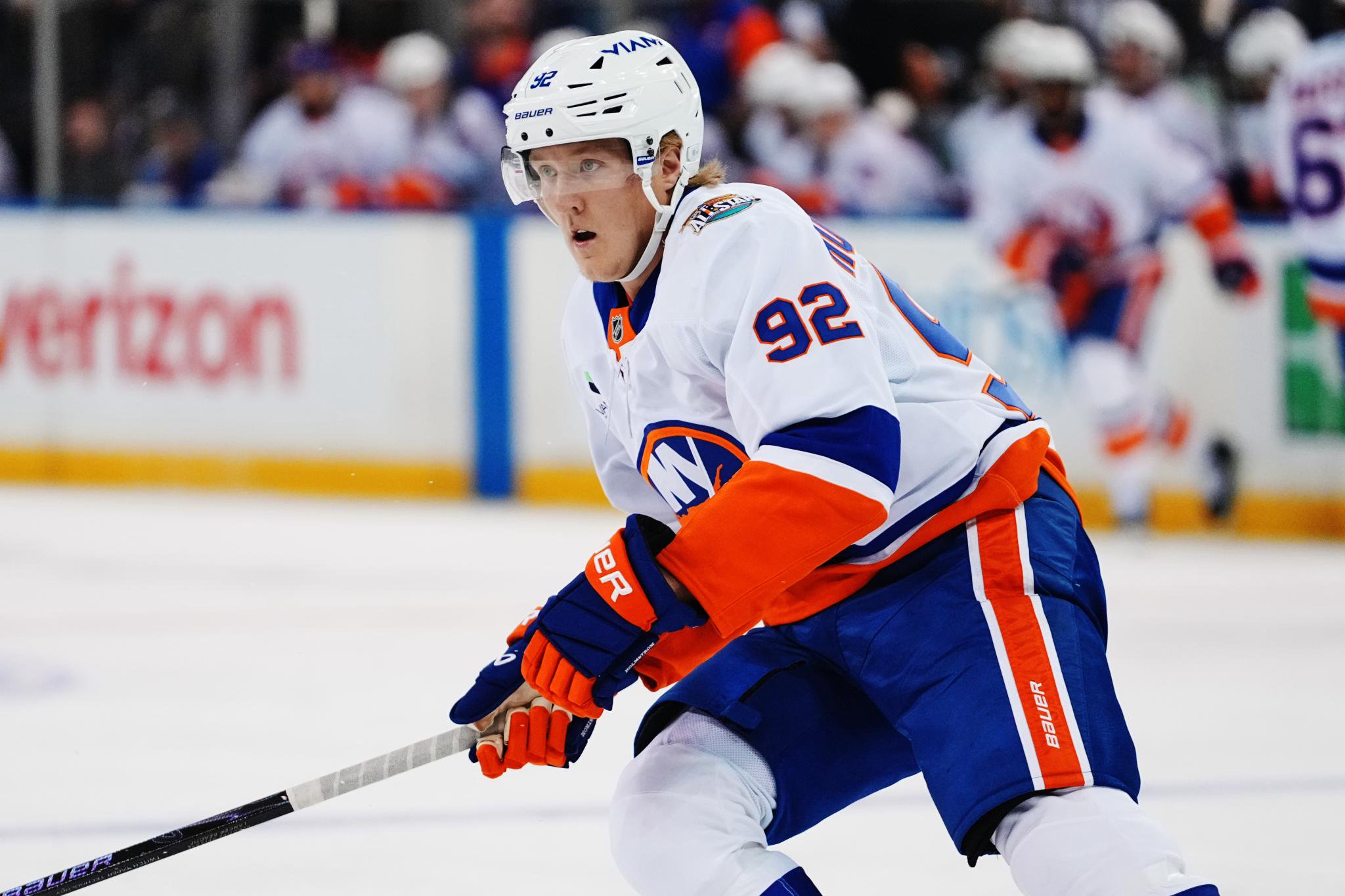 New York Islanders' Simon Holmstrom (92) skates during the first period of an NHL hockey game against the New York Rangers Tuesday, Oct. 6, 2026, in New York.