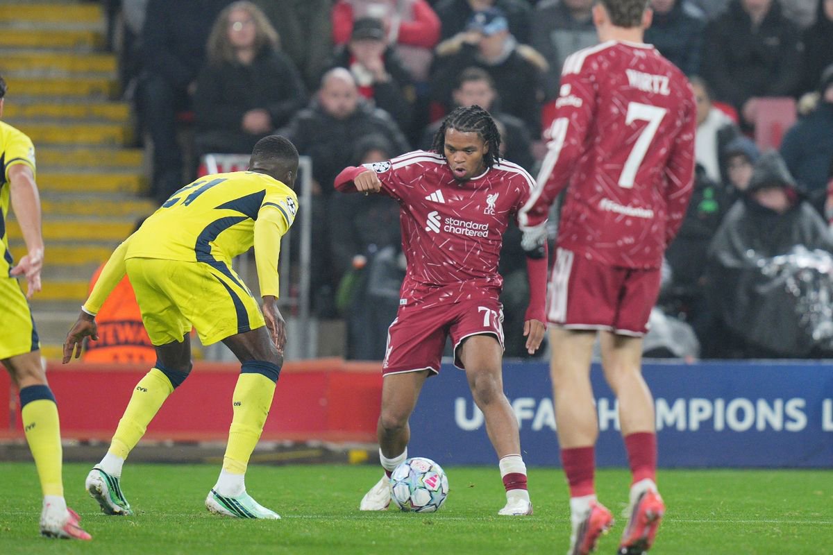Rio Ngumoha of Liverpool FC runs at the Villareal defence during Liverpool v Villarreal CF UEFA Champions League Matchday 3 at Anfield, Liverpool, England on 20 October 2026