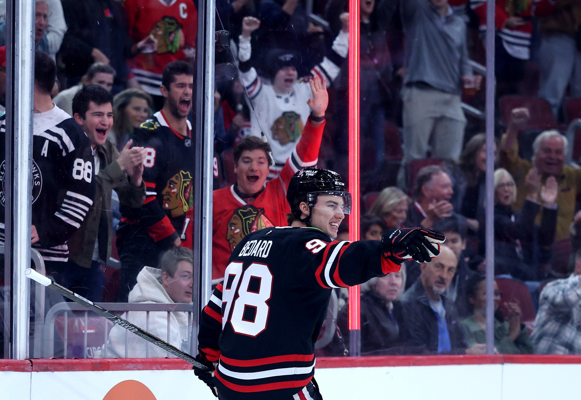 Chicago Blackhawks center Connor Bedard (98) celebrates after scoring a goal in the first period of a game against the Montréal Canadiens at the United Center in Chicago on Oct. 23, 2026. (Chris Sweda/Chicago Tribune)