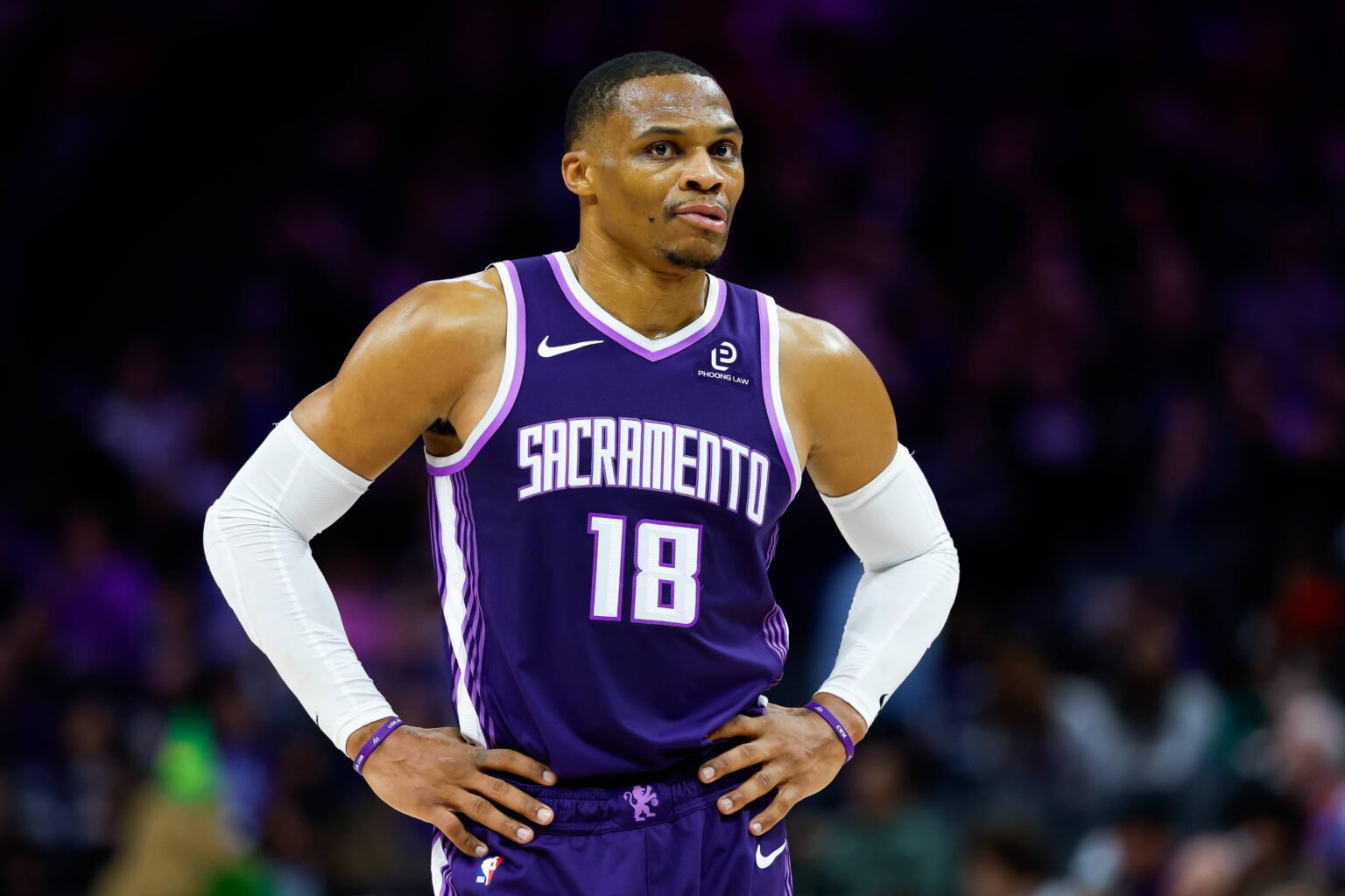 Sacramento, California, USA; Sacramento Kings guard Russell Westbrook (18) looks on during the second quarter against the Detroit Pistons at Golden 1 Center. Mandatory Credit: Sergio Estrada-Imagn Images