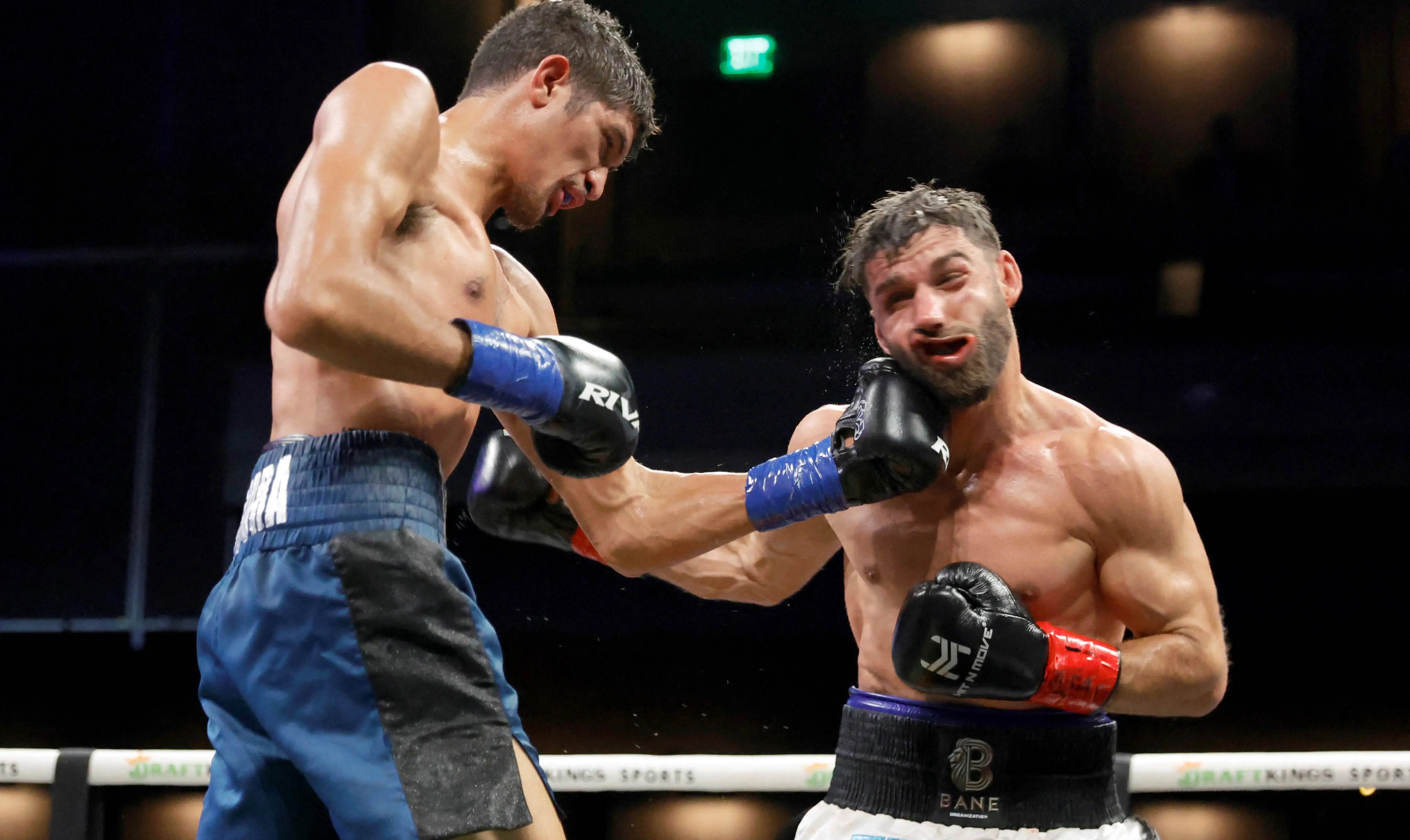 WBC super welterweight champion Sebastian Fundora, left, punches Ermal Hadribeaj during a title fight at The Chelsea at The Cosmopolitan of Las Vegas in  Nevada 