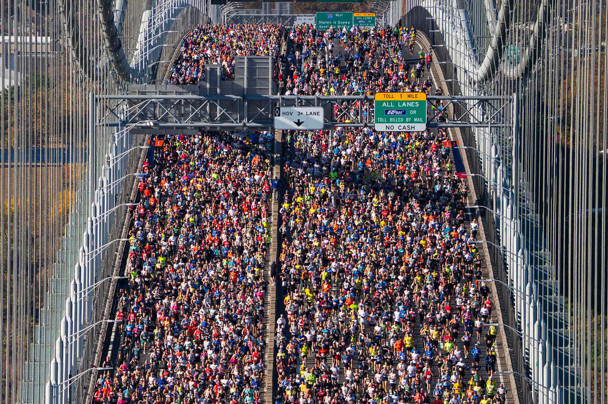 Runners cross over the Verrazzano-Narrows Bridge during the 2024 TCS New York City Marathon on November 03, 2024 in New York City.Credit: Craig T Fruchtman/Getty Images