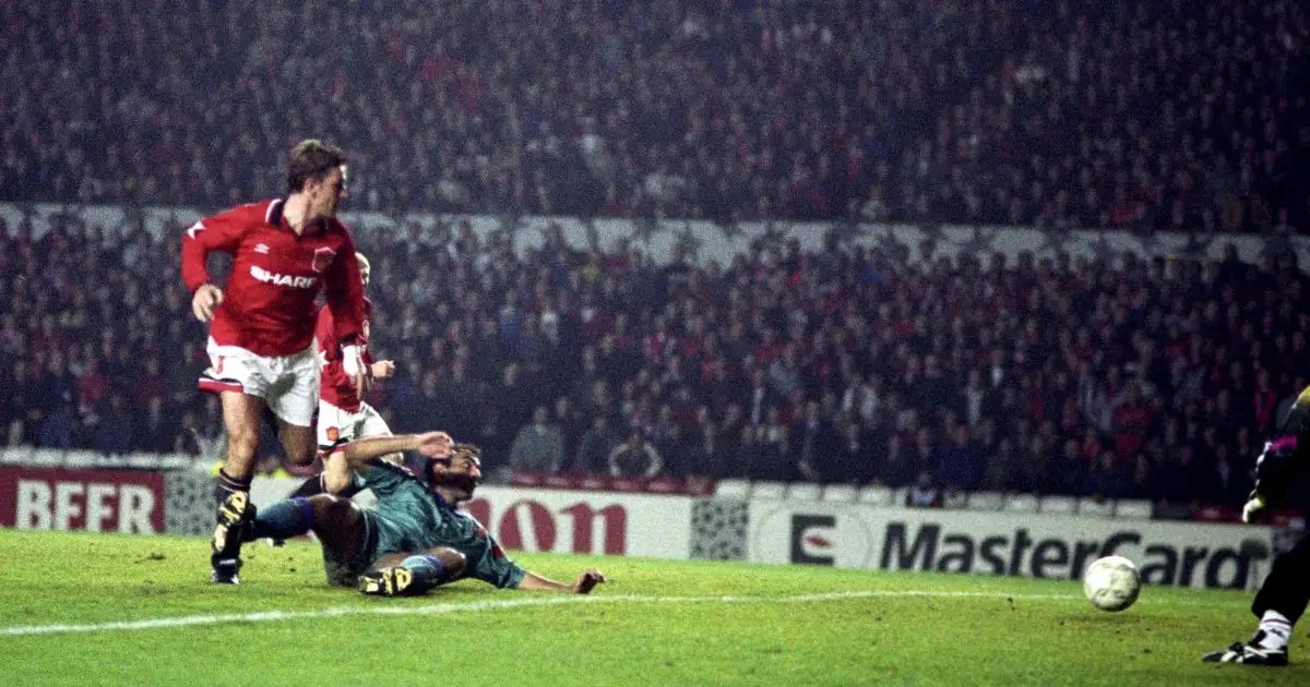 Manchester United's Lee Sharpe scores v Barcelona in 1994.