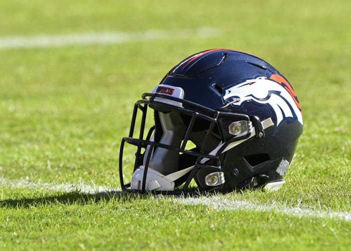 KANSAS CITY, MO - OCTOBER 28:  A general view of a  Denver Broncos helmet on the field prior to a game against the Kansas City Chiefs on October 28, 2018 at Arrowhead Stadium in Kansas City, Missouri.  (Photo by Peter G. Aiken/Getty Images)