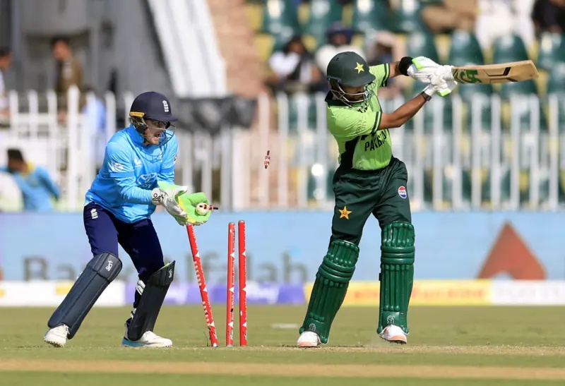 Pakistan's Babar Azam is bowled by England's Will Jacks