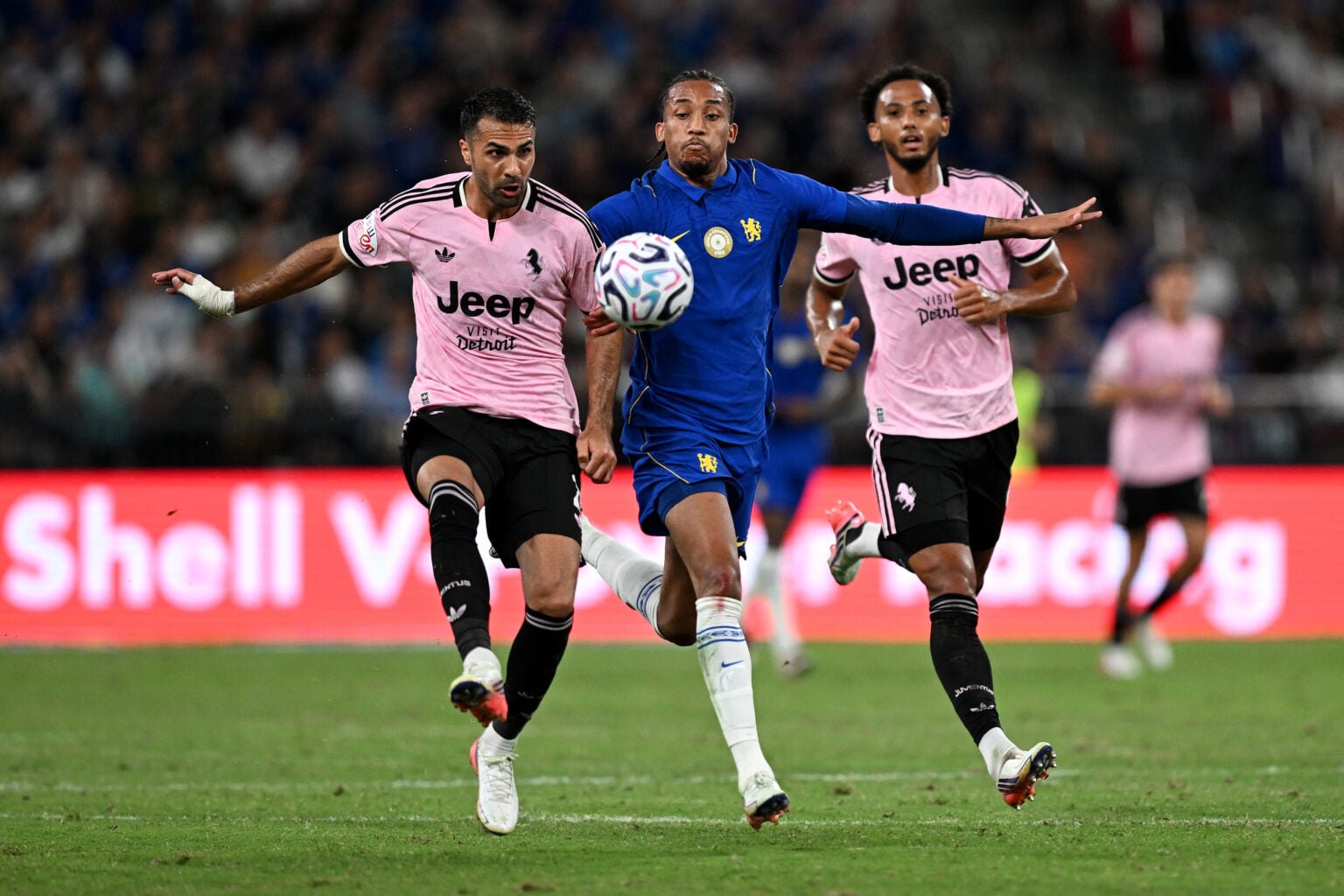 Joao Pedro of Chelsea is challenged by Zeki Celik of Juventus
