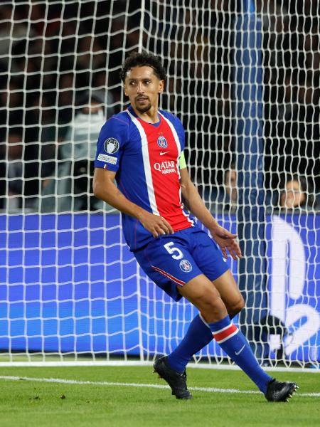 Marquinhos no jogo PSG 4 x 2 Barcelona, pela Champions
