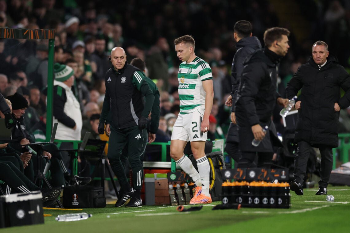 Alistair Johnston of Celtic looks dejected as he is substituted off the pitch during the UEFA Europa League 2025/26 League Phase MD3 match between Celtic FC and SK Sturm Graz