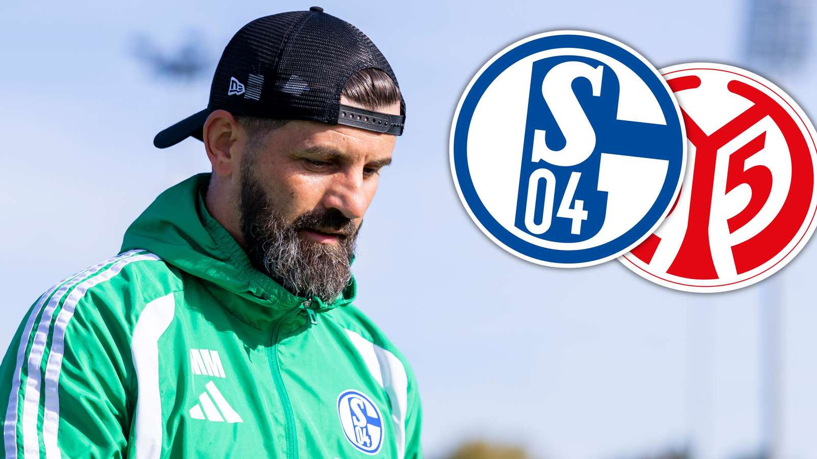Miron Muslic neben den Logos des FC Schalke 04 und FSV Mainz 05.