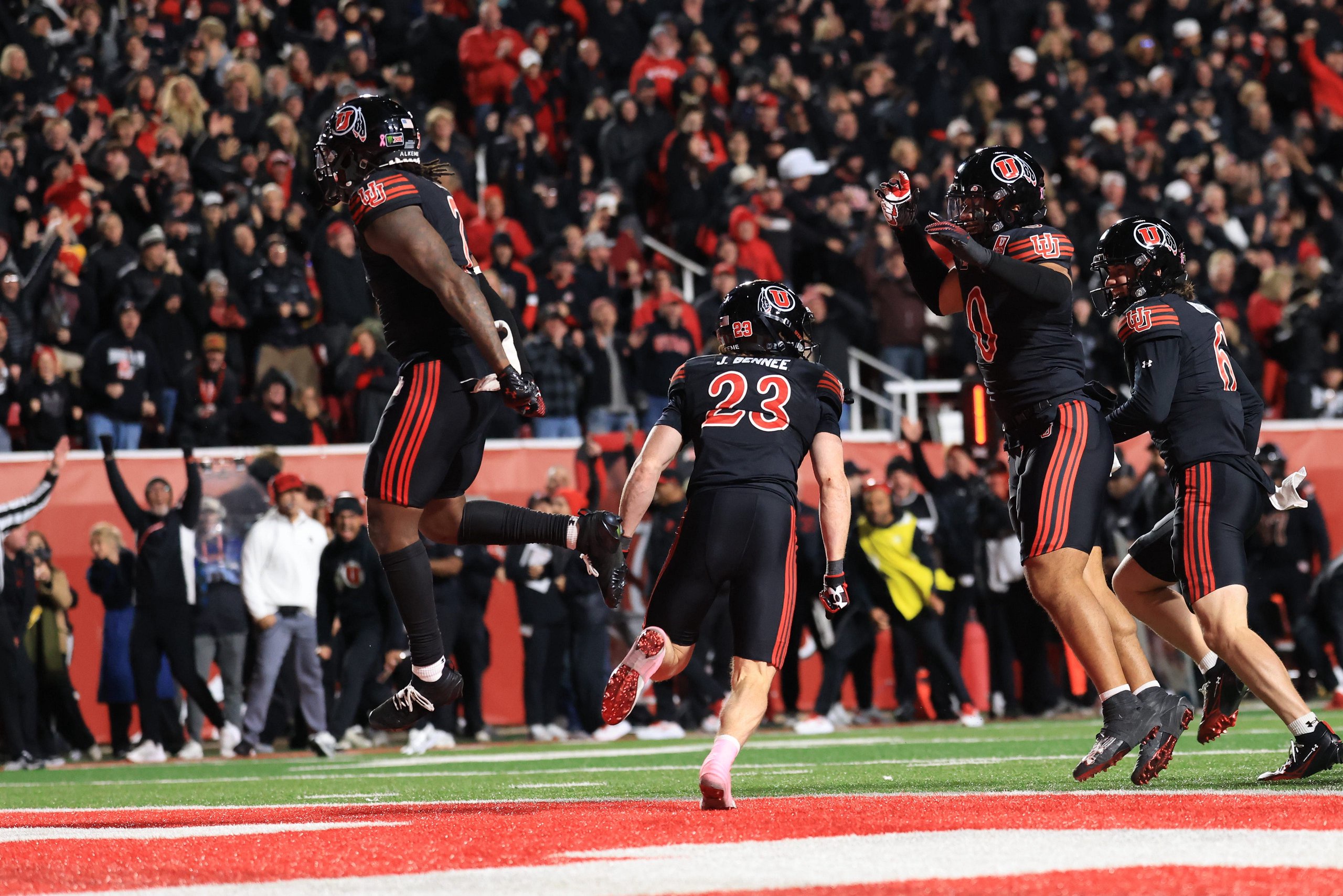 Oct 24, 2026; Salt Lake City, Utah, USA;  Utah Utes safety Jackson Bennee (23) celebratesa forced fumble with teammates during the fourth quarter against the Houston Cougars at Rice-Eccles Stadium.  Mandatory Credit: Rob Gray-Imagn Images