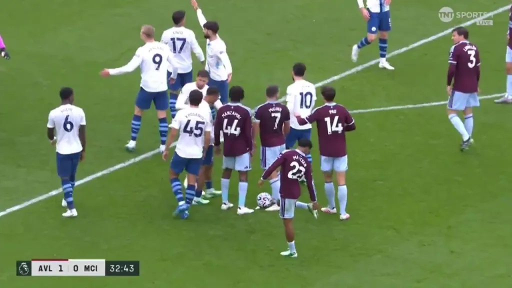 Erling Haaland berates a Manchester City teammate during a match against Aston Villa.