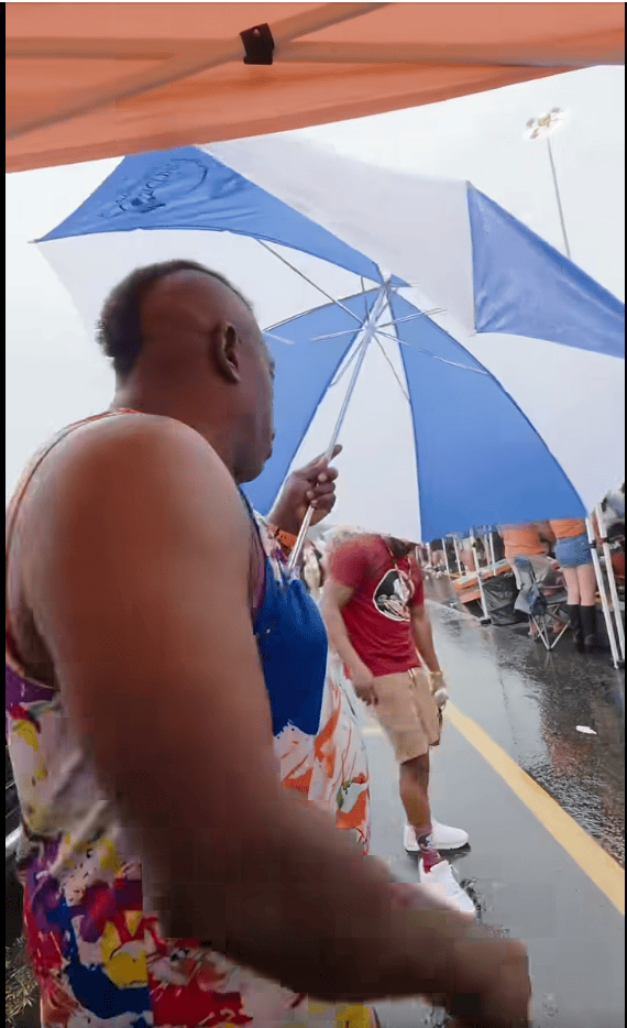 A person holding a blue and white umbrella outdoors in the rain.