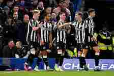 Callum Wilson of Newcastle United celebrates with team mates after scoring their sides first goal during the Carabao Cup Quarter Final match betwee...