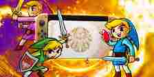 Link from Zelda Four Swords on a gold TOTK Nintendo Switch.