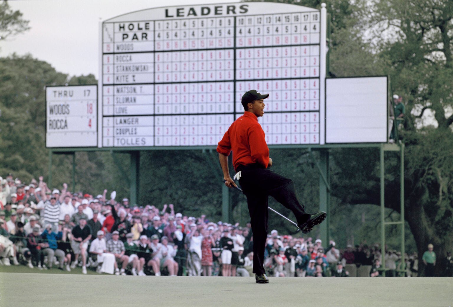 Tiger Woods celebrates his victory at The Masters in 1997