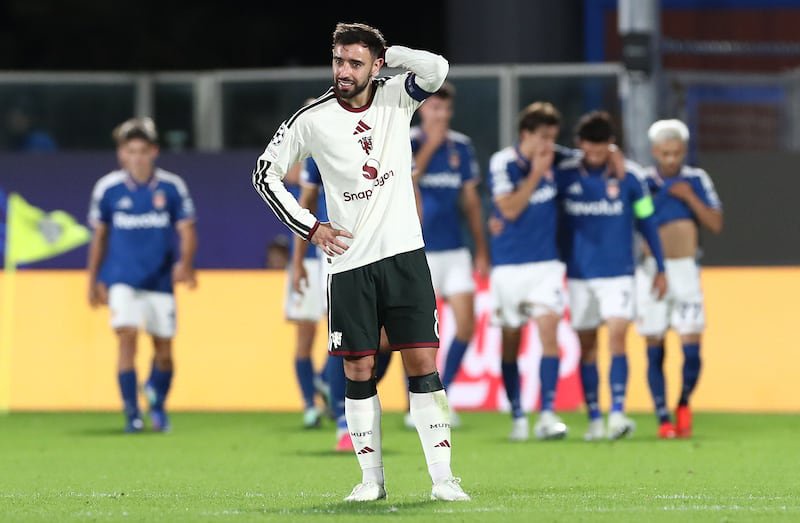 Bruno Fernandes of Manchester United shows his dejection during the Champions League match against Como 1907. Photograph: Marco Luzzani/Getty Images