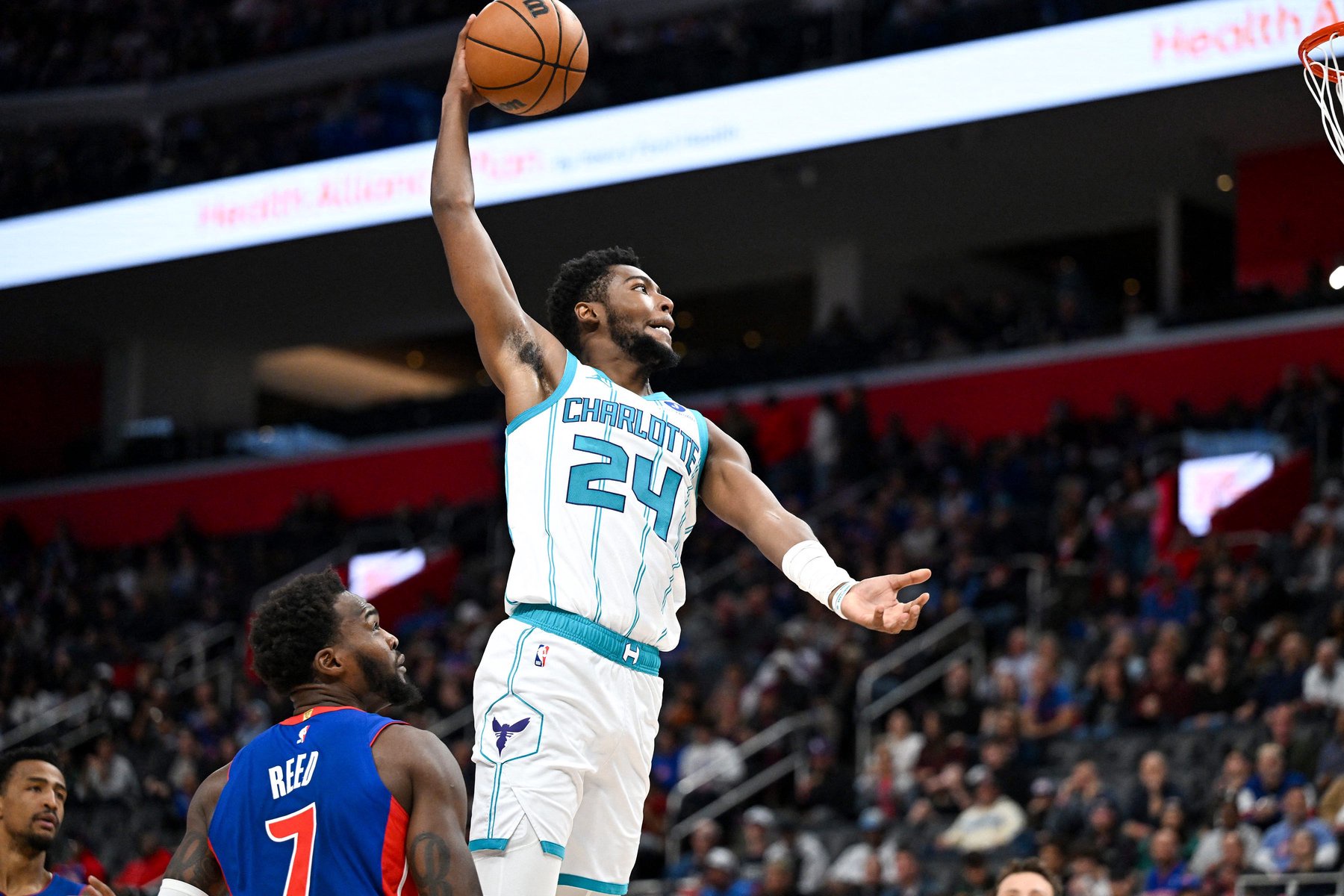 Oct 28, 2026; Detroit, Michigan, USA;  Charlotte Hornets forward Brandon Miller (24) cruises in to the basket for a dunk against the  Detroit Pistons in the second quarter at Little Caesars Arena.  Mandatory Credit: Lon Horwedel-Imagn Images
