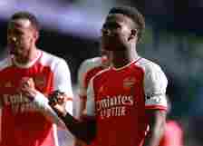 Bukayo Saka of Arsenal celebrates after the Premier League match between Tottenham Hotspur and Arsenal FC at Tottenham Hotspur Stadium on April 28,...