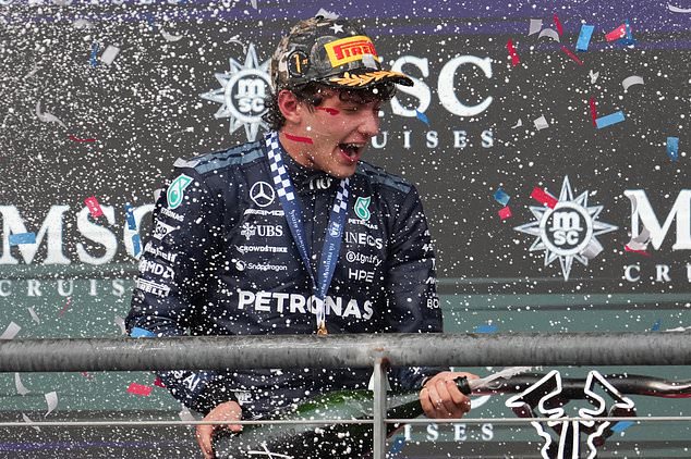 Mercedes driver Andrea Kimi Antonelli of Italy celebrates on the podium after winning the Formula One U.S. Grand Prix auto race in Austin, Texas, Sunday, Oct. 25, 2026. (AP Photo/Eric Gay)