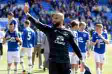 Tim Howard of Everton waves goodbye after his final appearance for Everton after the Barclays Premier League match between Everton and Norwich City...