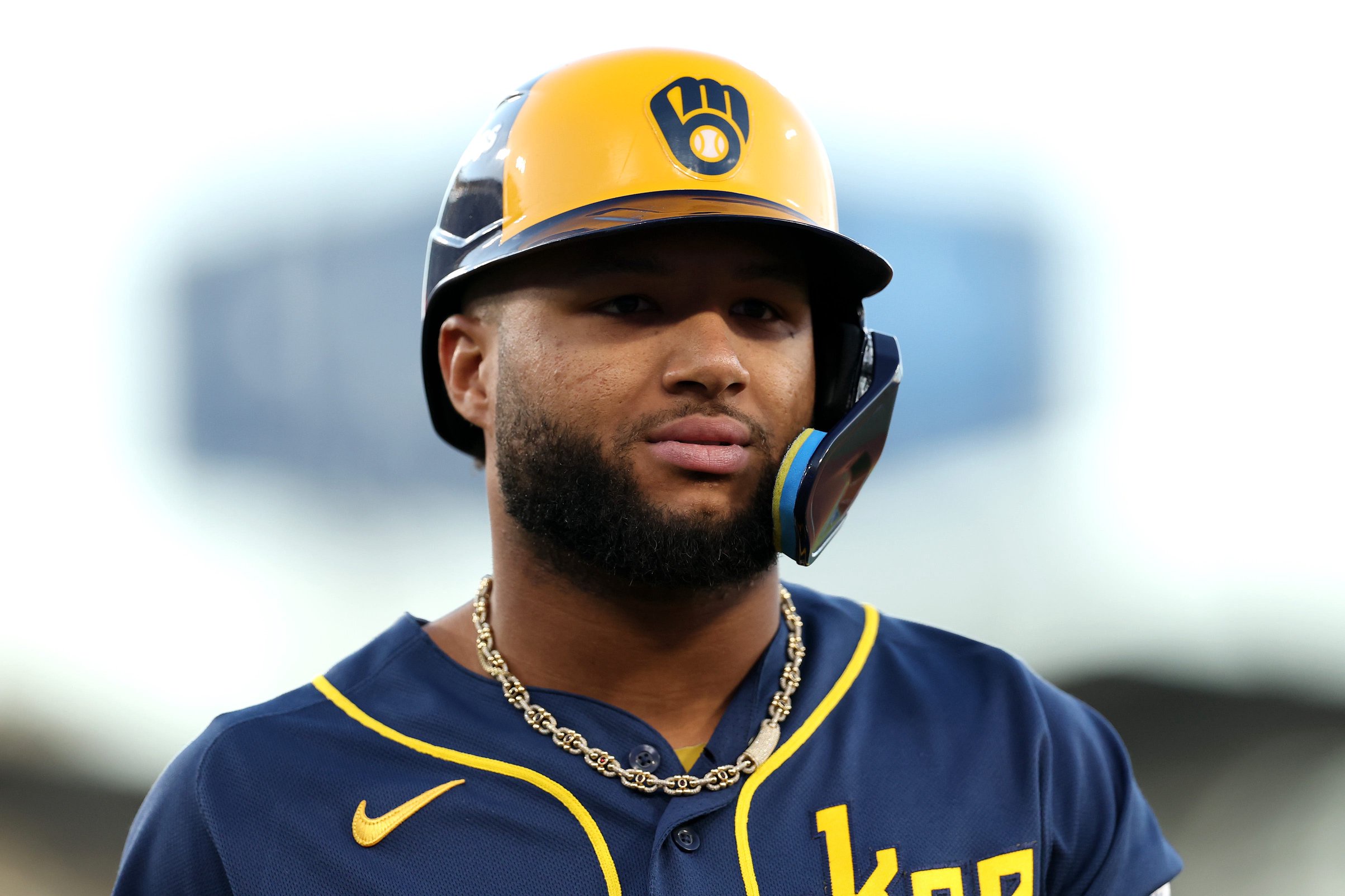 Jackson Chourio #11 of the Milwaukee Brewers looks on against the Los Angeles Dodgers in game three of the National League Championship Series at Dodger Stadium on October 14, 2026 in Los Angeles, California.
