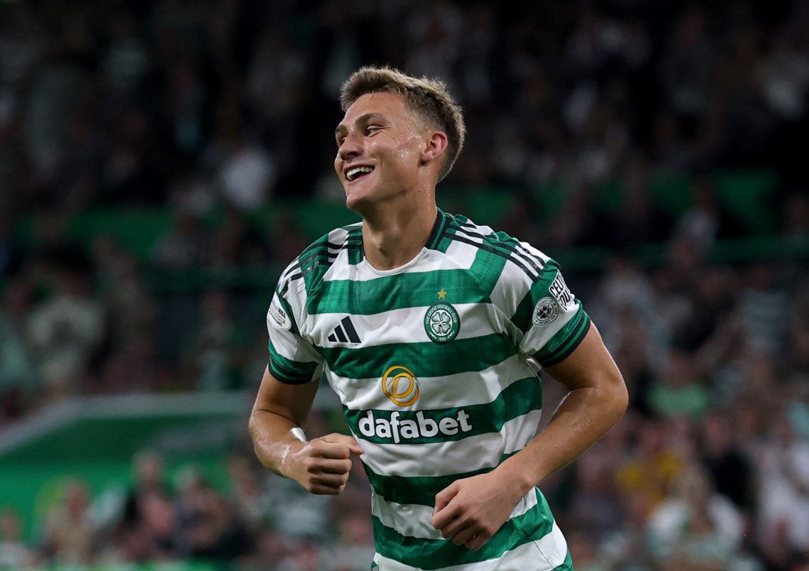 Dane Murray of Celtic celebrates scoring his team's third goal during the Premier Sports League Cup match between Celtic and Falkirk at Celtic Park