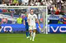 England's midfielder #04 Declan Rice reacts after he shot on the goal's post and missed a goal opportunity during the UEFA Euro 2024 round of 16 fo...