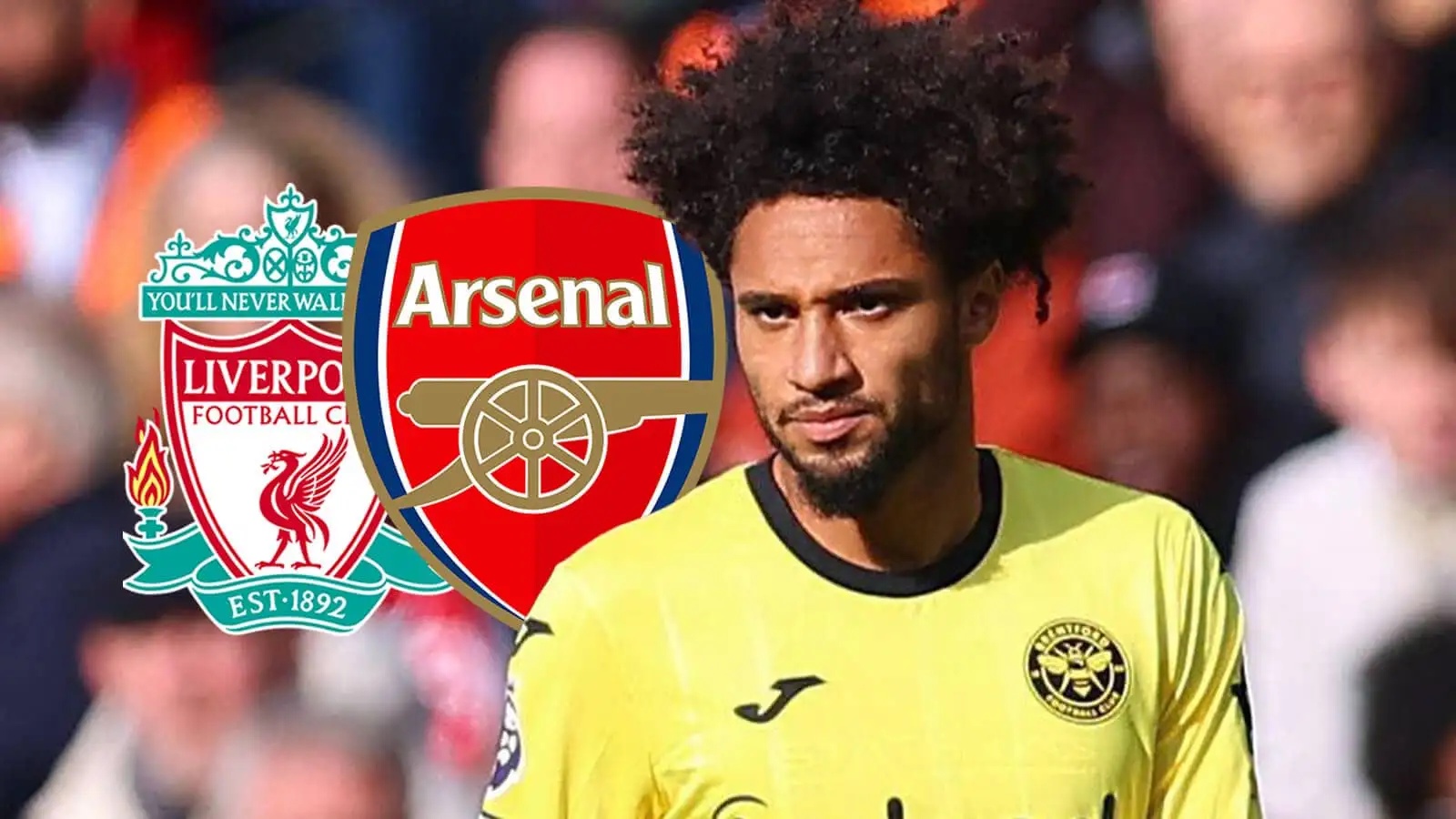 Brentford star Kevin Schade with Arsenal and Liverpool badges