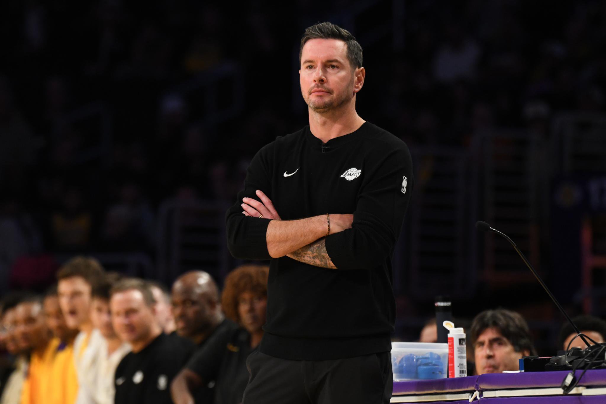 Los Angeles Lakers head coach JJ Redick looks on during an NBA basketball game against the Golden State Warriors at the Chase Center in San Francisco, Wednesday, Oct. 21, 2026.
